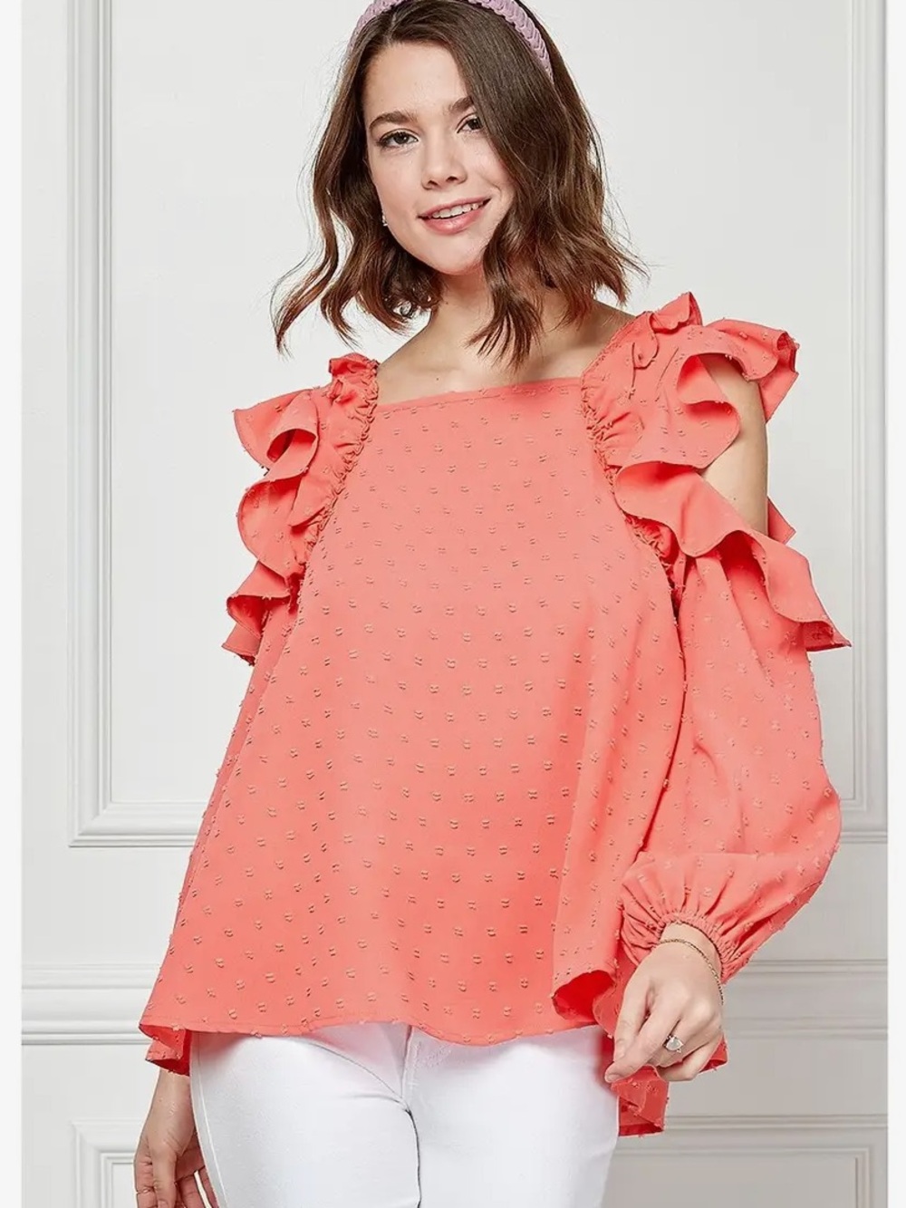 Coral Ruffle Cold-Shoulder Blouse with Textured Dot Detail